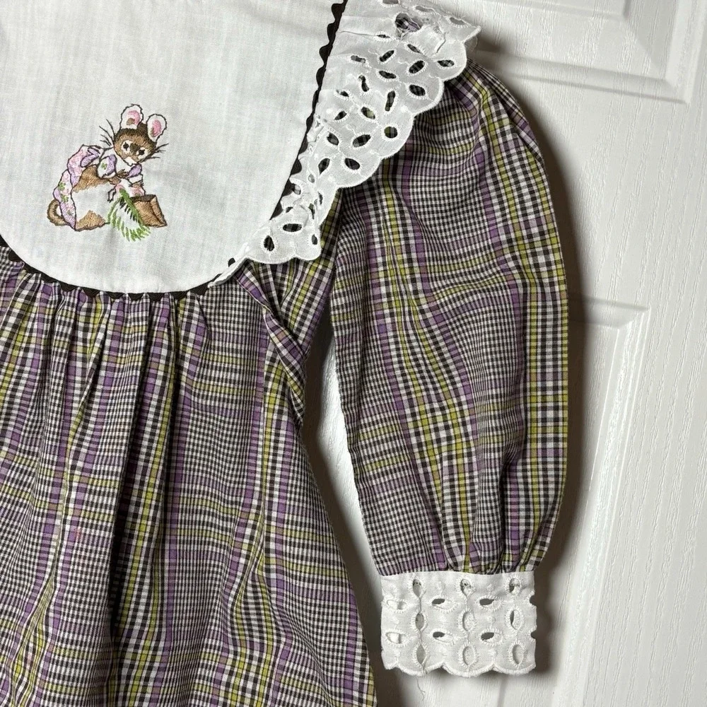 Girls VTG Dress Sz 5 Embroidered Mouse Lace‎ Collar Sleeves Gingham Print Tie